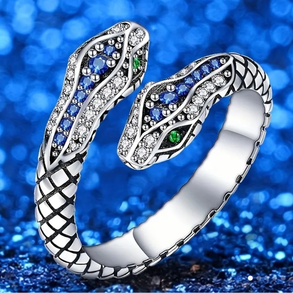 NEW Silver 925 Aquamarine Emerald Stone Snake Open Ring - Picture 1 of 4